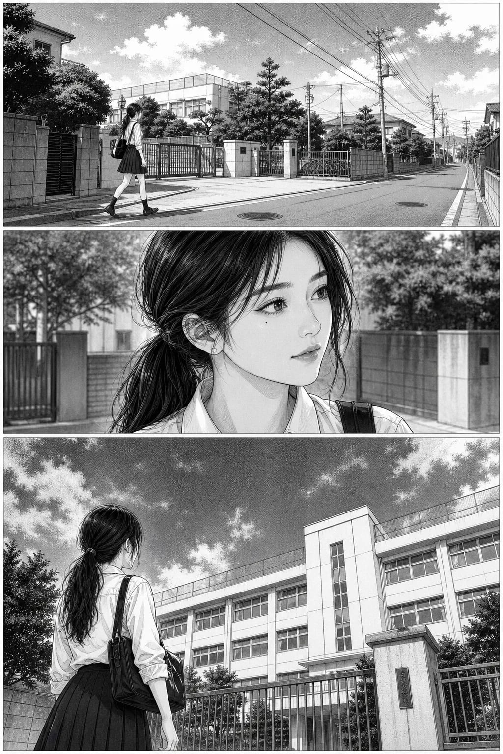 Manga page one: the cast introduced, faces clear in close-up