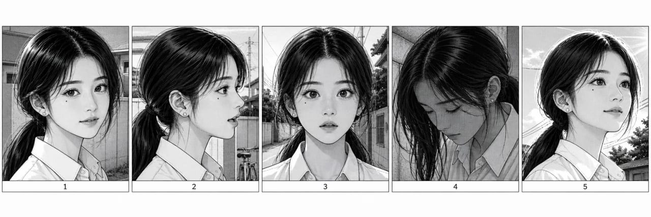 One character's face cropped from a dozen panels across a chapter, numbered, in black-and-white manga linework