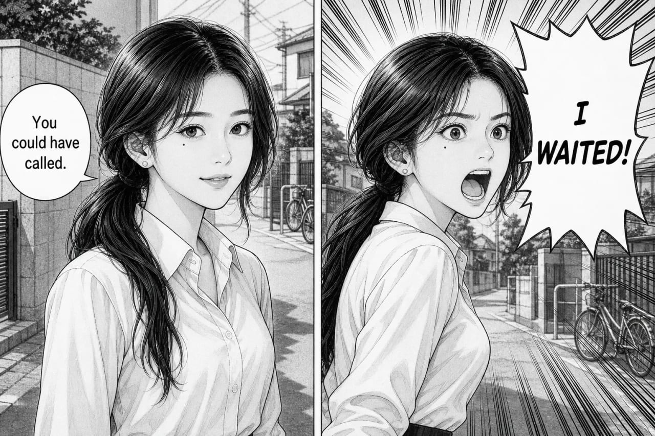 Close-up of a lettered manga panel, dialogue set in a round bubble beside a spiky shout bubble