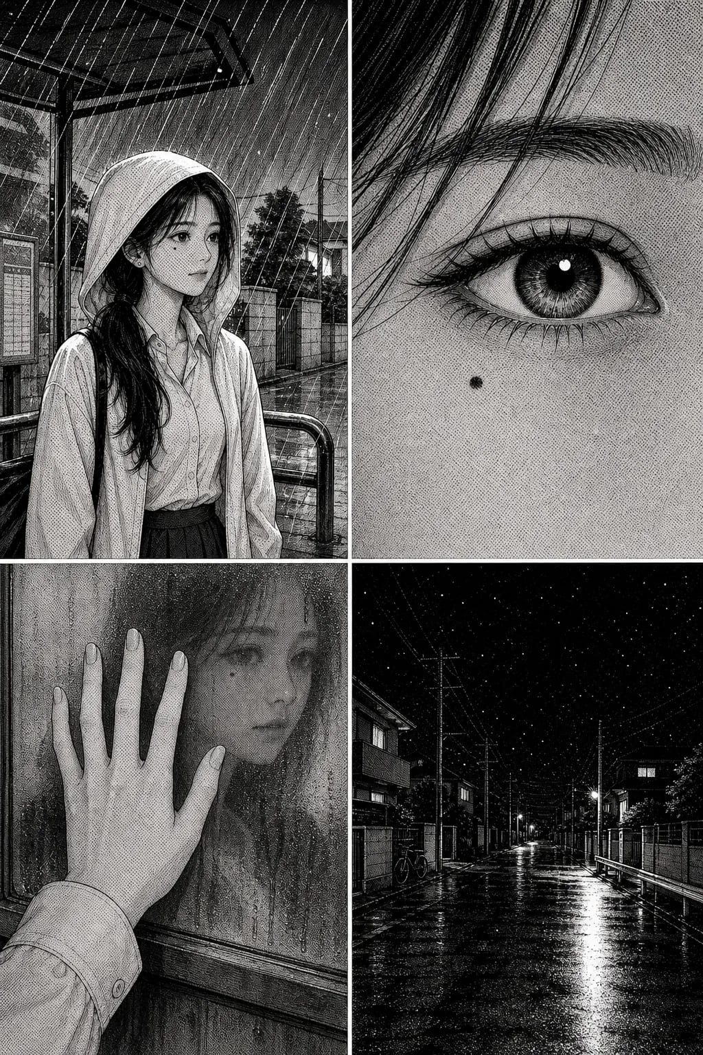 A full black-and-white manga page, shading built from screentone dot patterns rather than grey paint