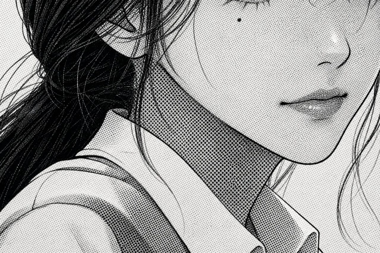Detail crop of screentone shading: dot patterns and gradients building shadow across a face and clothing