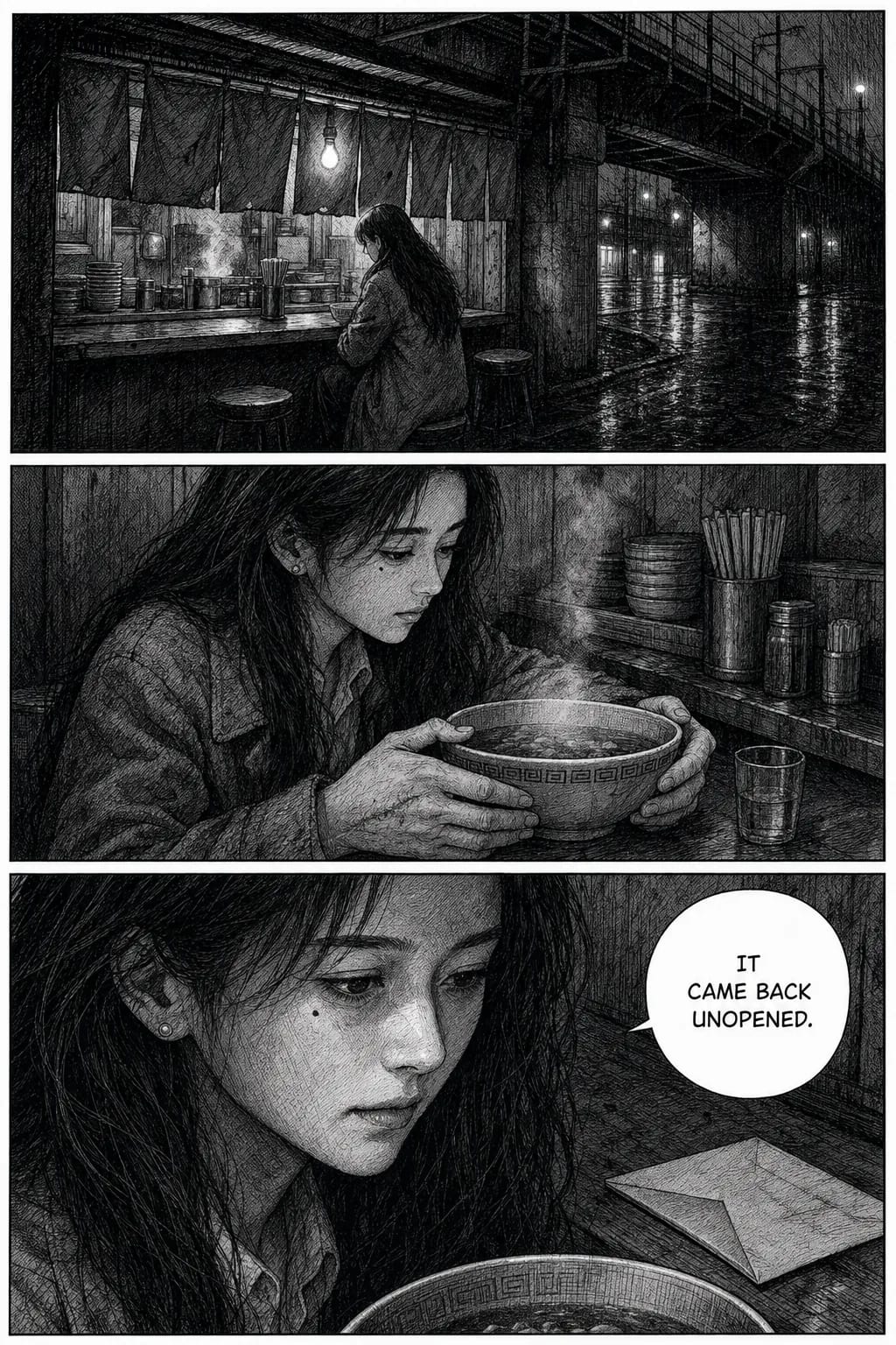 劇画のページ:高架下のラーメン屋台、裸電球の下で密なクロスハッチングによって描かれた美化されない大人の顔