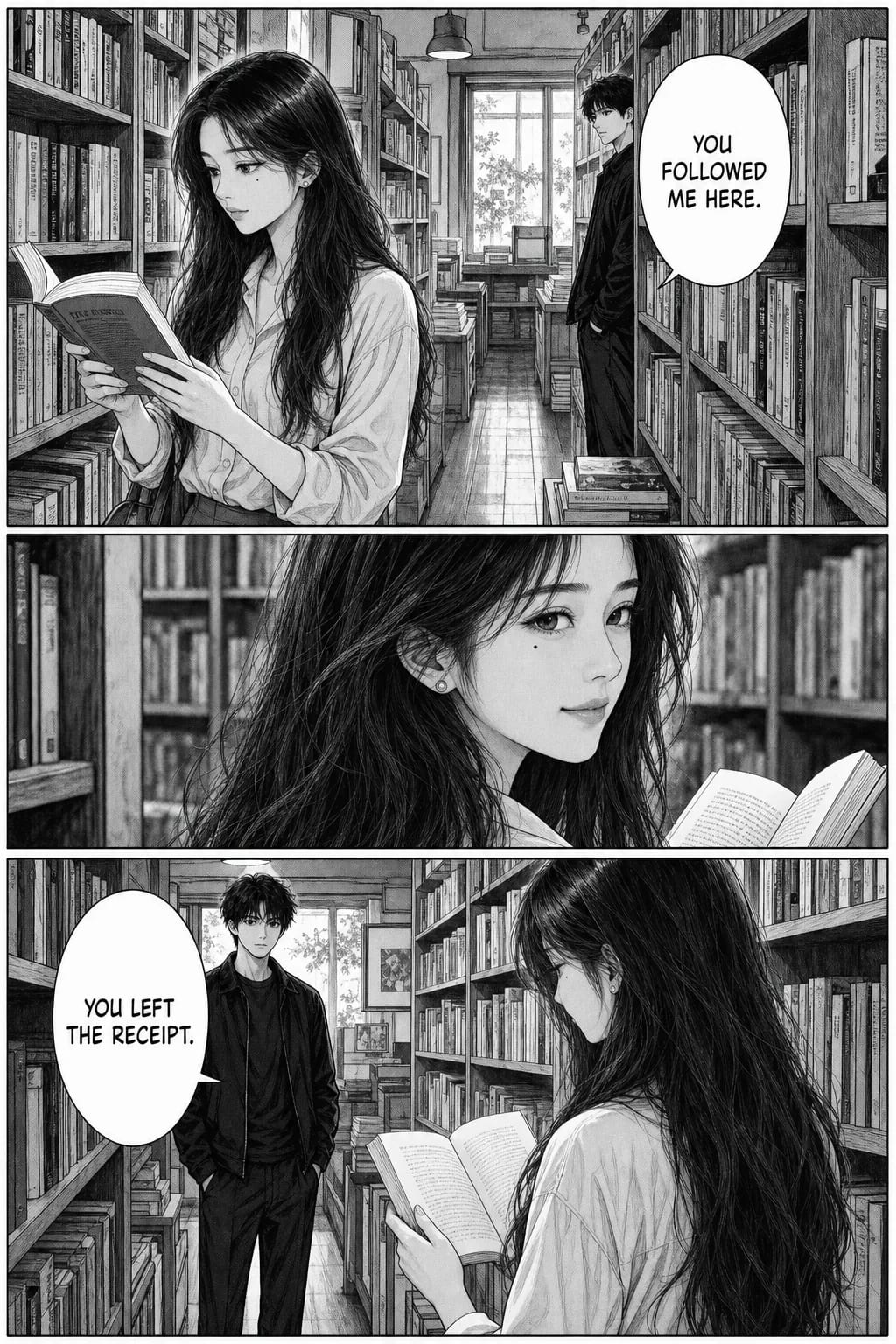 Three-panel black-and-white manga page in a second-hand bookshop: a woman reading while a man watches from down the aisle, a close-up of her knowing half-smile, and a reverse angle holding the distance between them