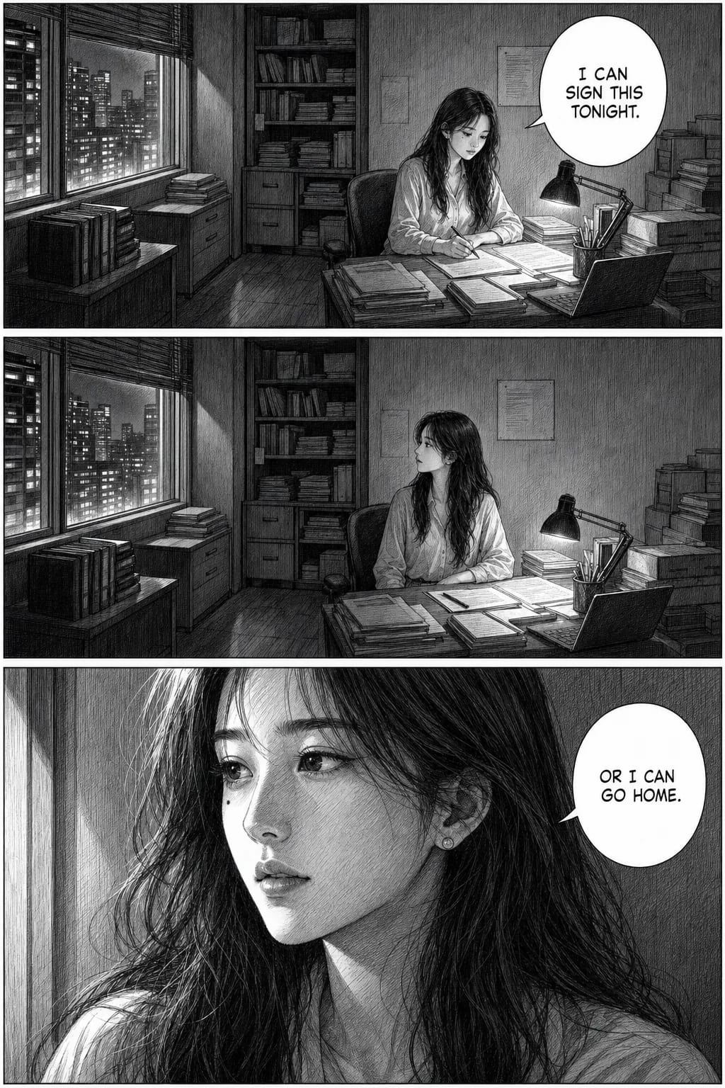 Three-panel black-and-white seinen manga page: a cramped office at night in full perspective, the identical framing repeated with only the pen set down, and a cross-hatched close-up of a tired adult face lit from the window