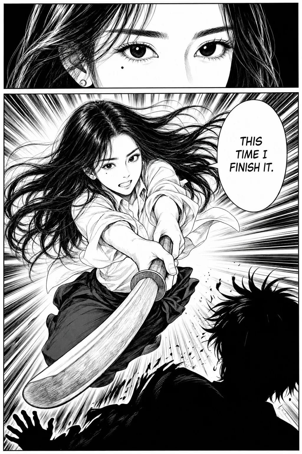 少年漫画のページ:太いGペンの輪郭と集中線で、木刀を振り抜く女性を大ゴマで描いた2コマ構成