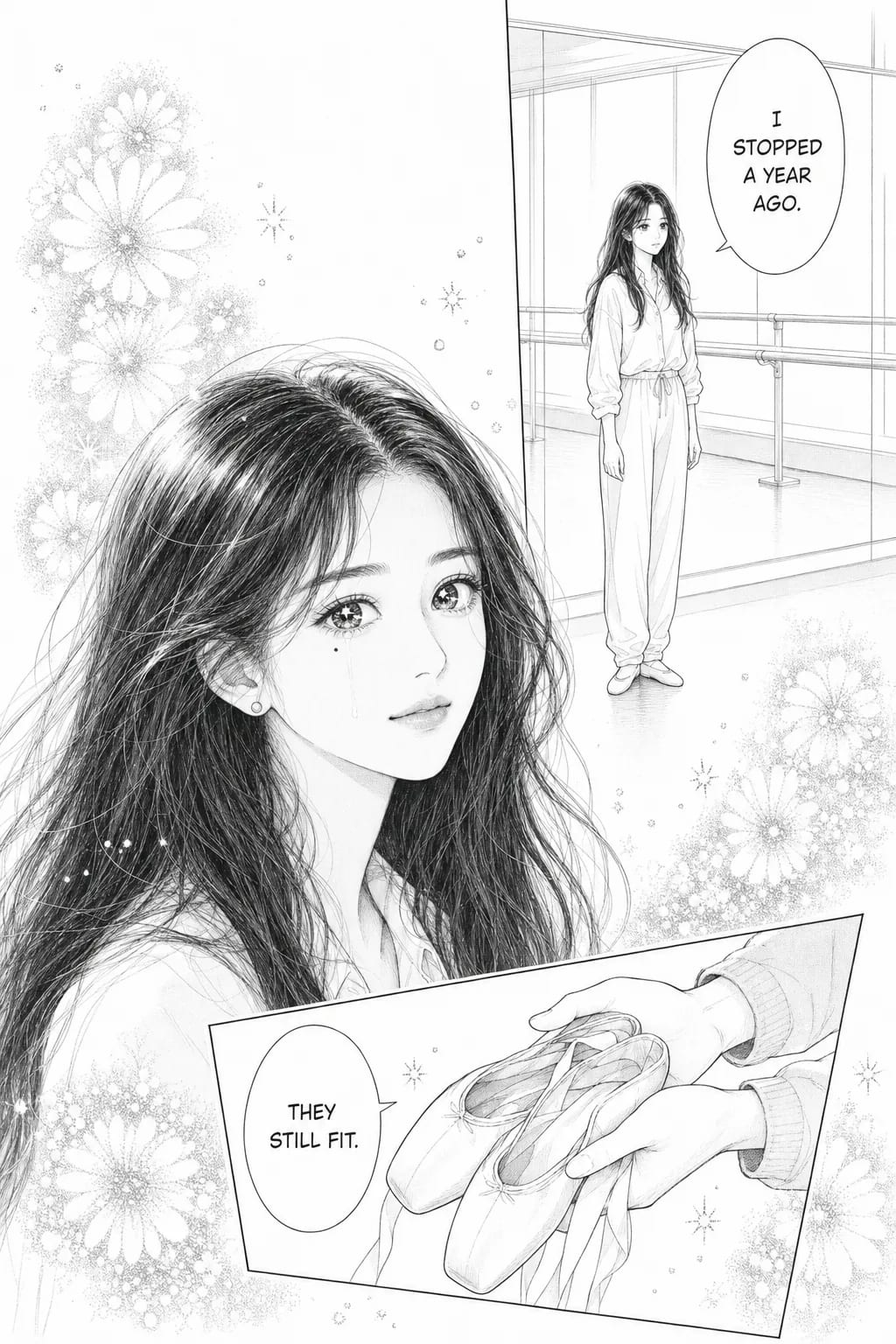 Three-panel black-and-white shoujo manga page: a woman small in an empty sunlit ballet studio, a borderless close-up of her face with a single tear over flower-burst screentone, and a tilted inset of a pair of hands offering pointe shoes