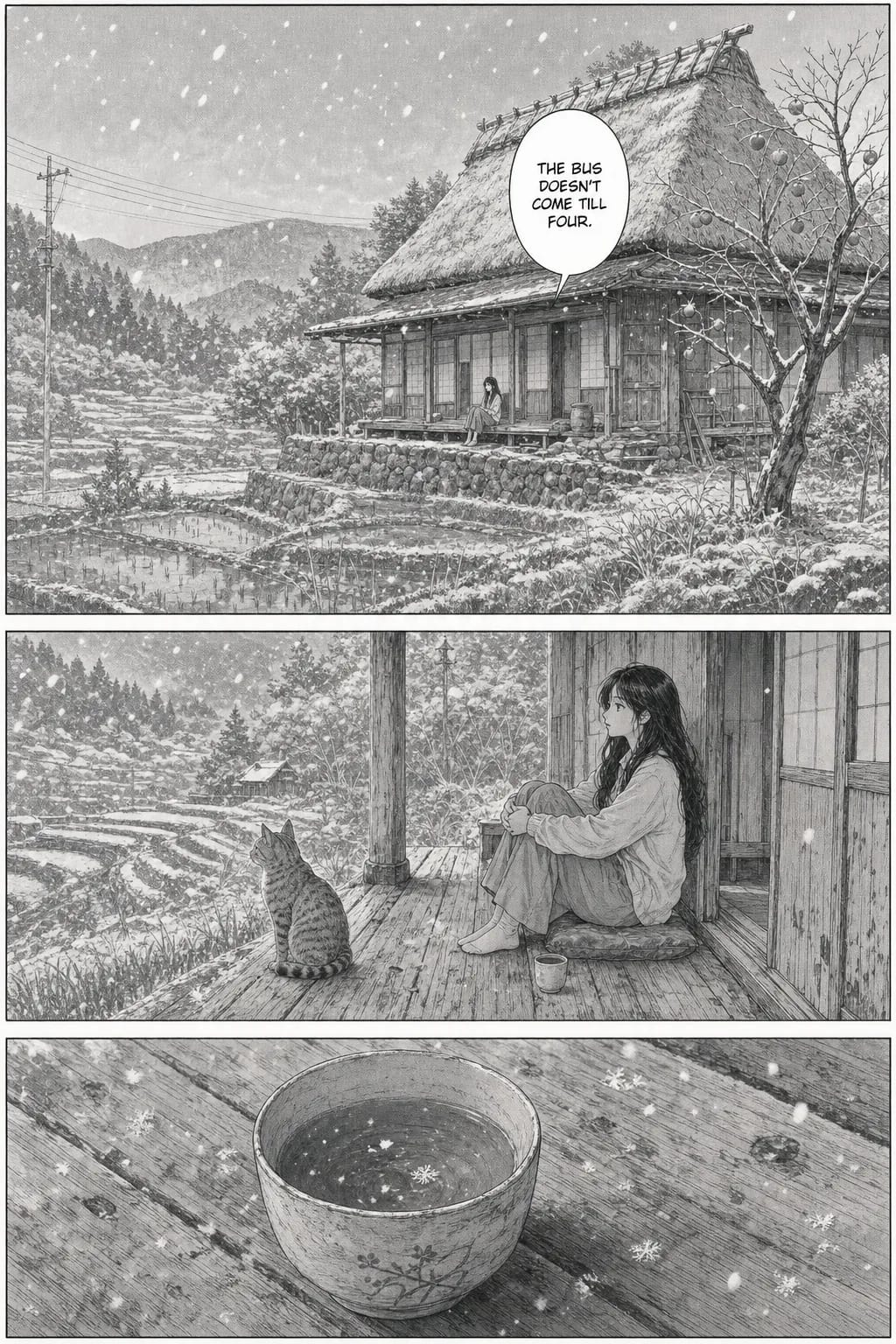 Three-panel black-and-white slice-of-life manga page: a thatched farmhouse above terraced rice fields in the first snowfall with a tiny figure on the veranda, the veranda closer with a tabby cat watching the snow, and a teacup on the boards catching flakes