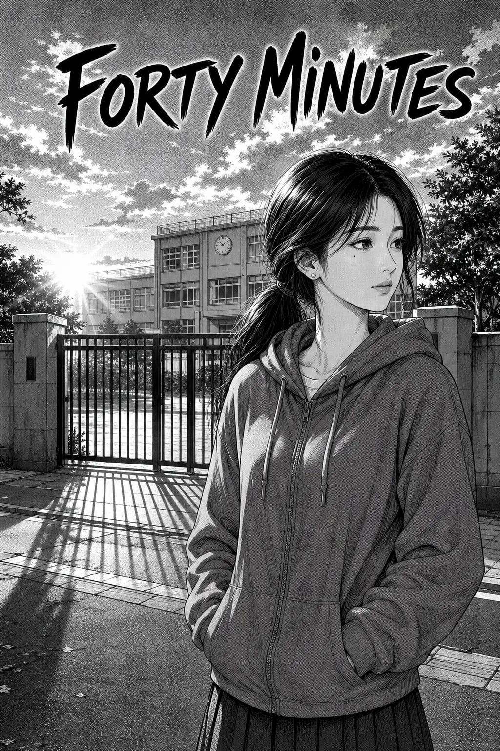Manga chapter cover: a girl in a hoodie waiting outside a school gate in late afternoon, the title FORTY MINUTES hand-lettered above her