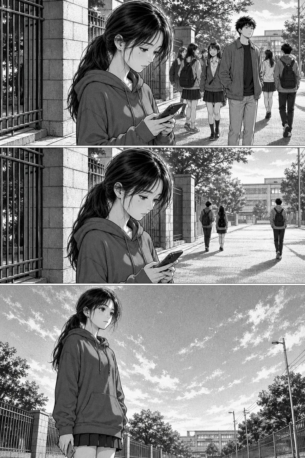 Three stacked manga panels of the same girl outside a school gate as the crowd behind her thins from a group, to three figures, to nobody