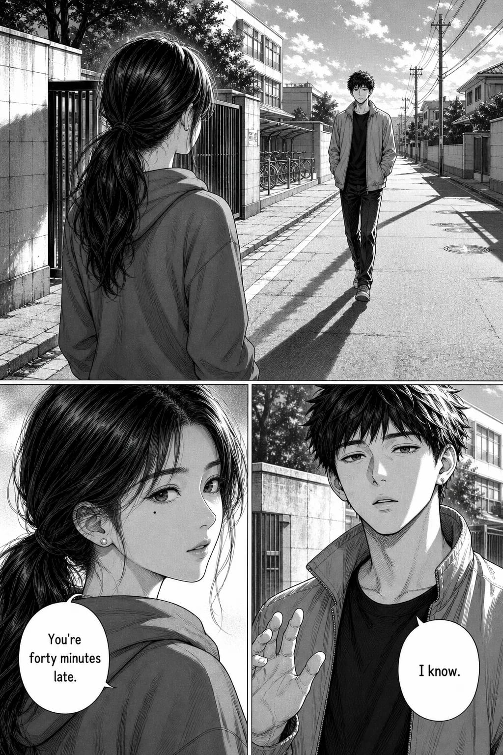 Manga page: a boy approaching down a sunlit street, then close-ups of both characters, her bubble reading You're forty minutes late and his reading I know