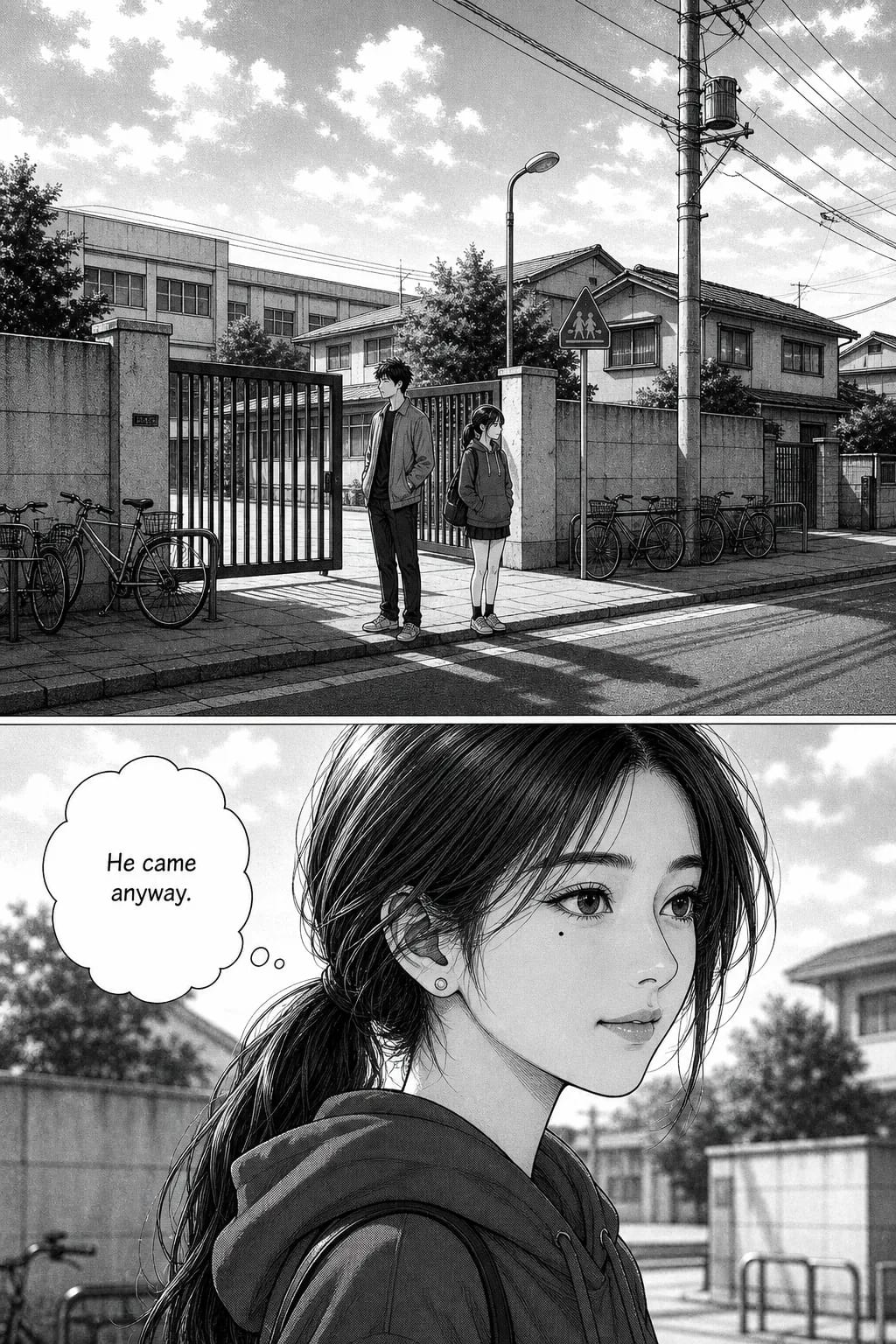 Manga page: a wide shot of two figures small beside a school gate, then a close-up of the girl with a cloud-shaped thought bubble reading He came anyway