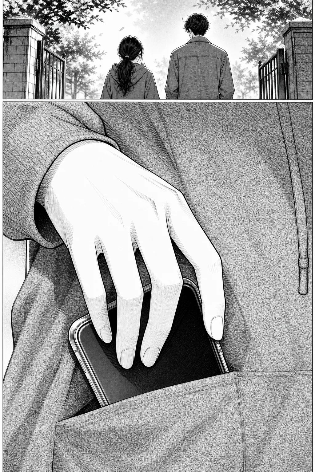 Manga page: the two characters walking away in a small panel, then an extreme close-up of her hand releasing a phone into her hoodie pocket