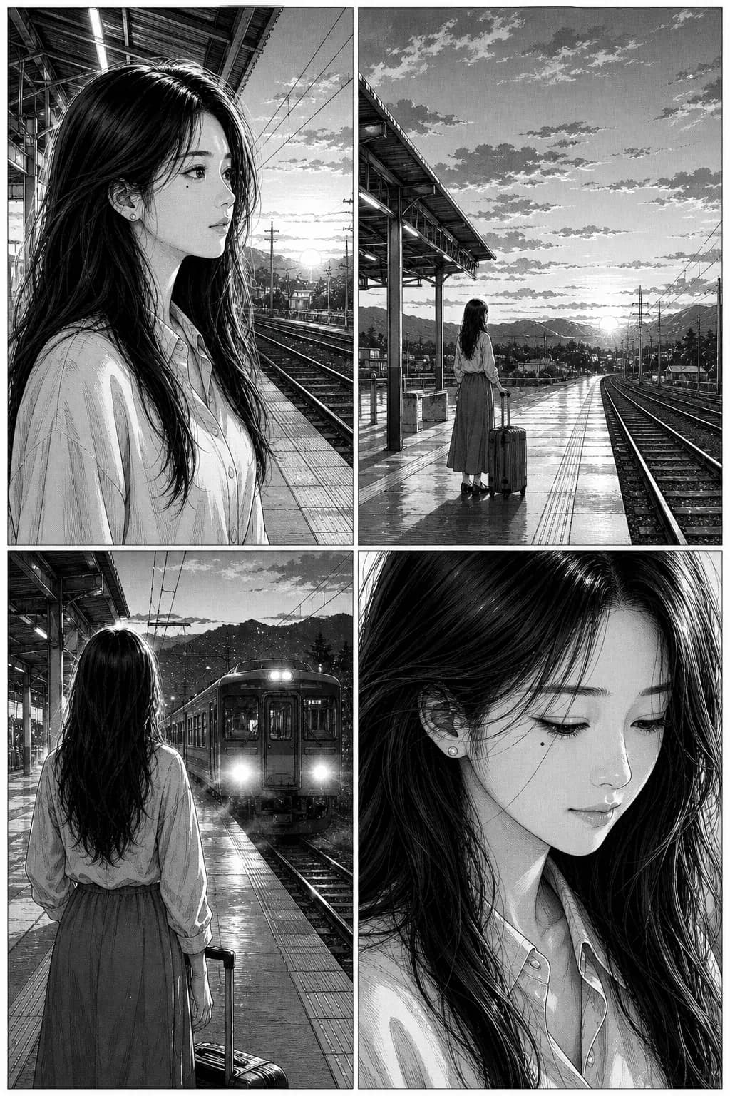 Manga page one: a woman on a railway platform at sunrise, four panels, the mole under her eye visible in close-up