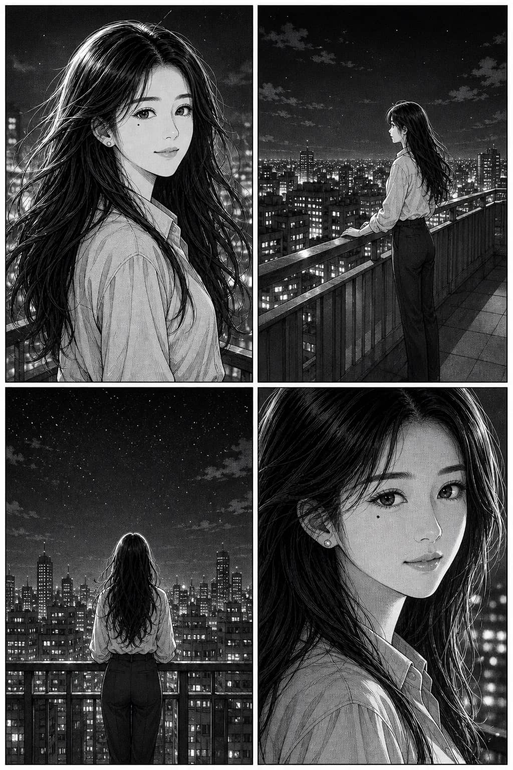 Manga page forty of the same story: the same woman on a rooftop at night, the same mole and features