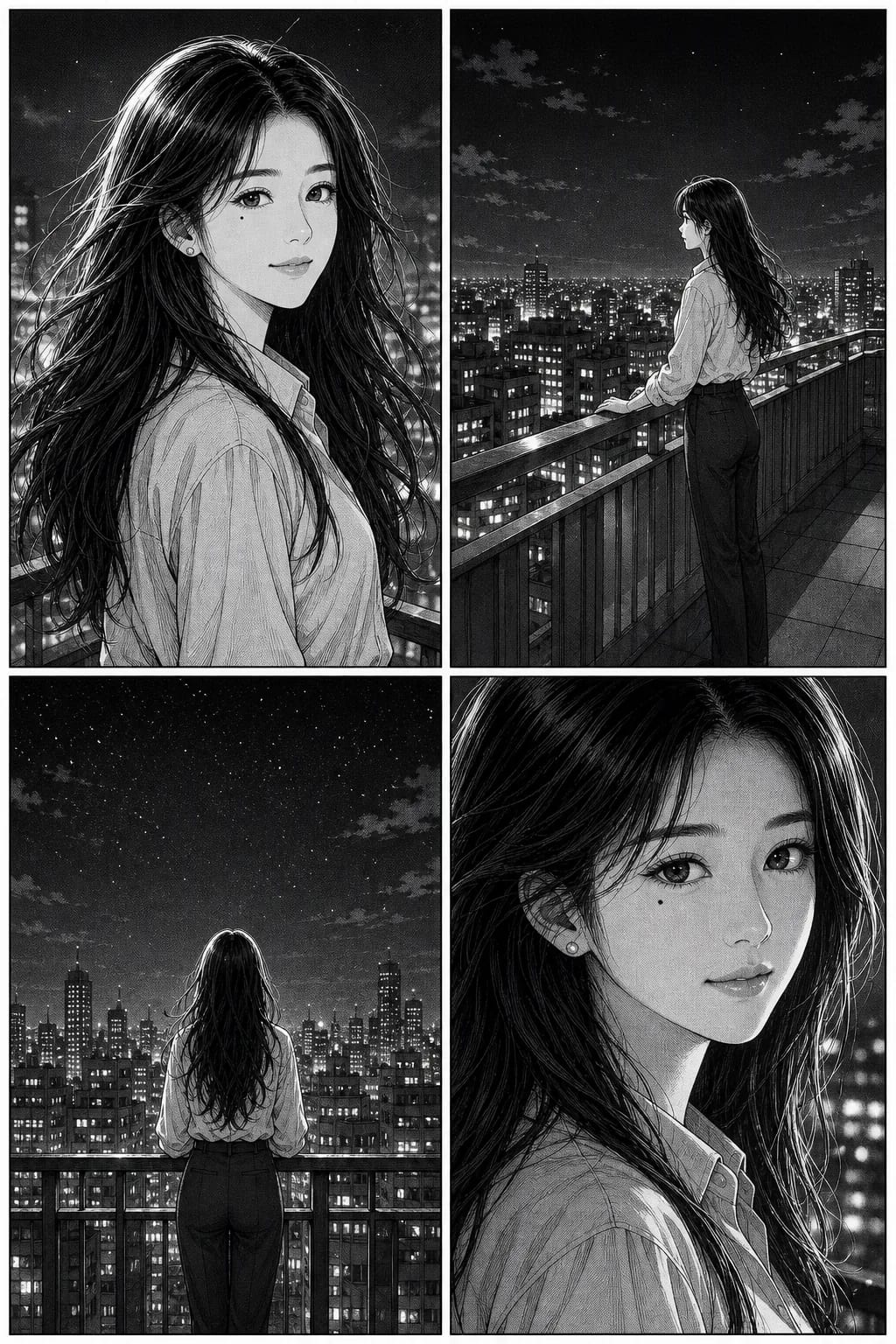 Four-panel black-and-white manga page from later in the same book: the same young woman on a city rooftop at night, again in wide shot, medium shot, close-up and silhouette