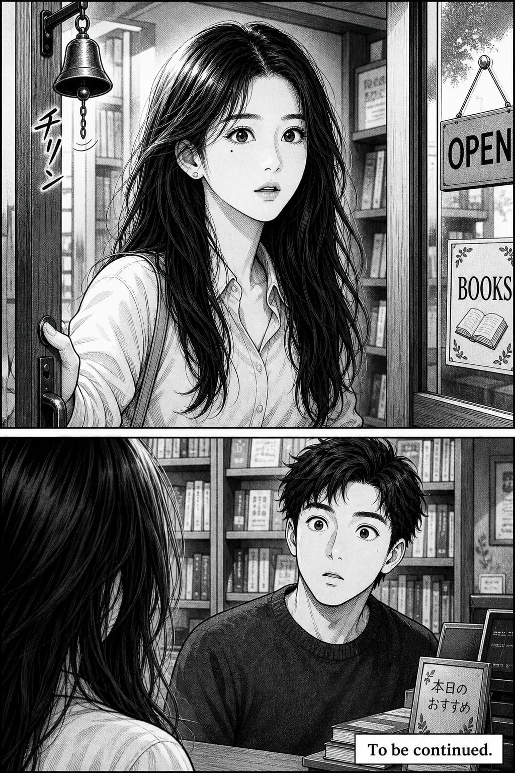 Two-panel black-and-white manga page ending on a caption reading 'To be continued': a woman enters a bookshop and the man behind the counter looks up