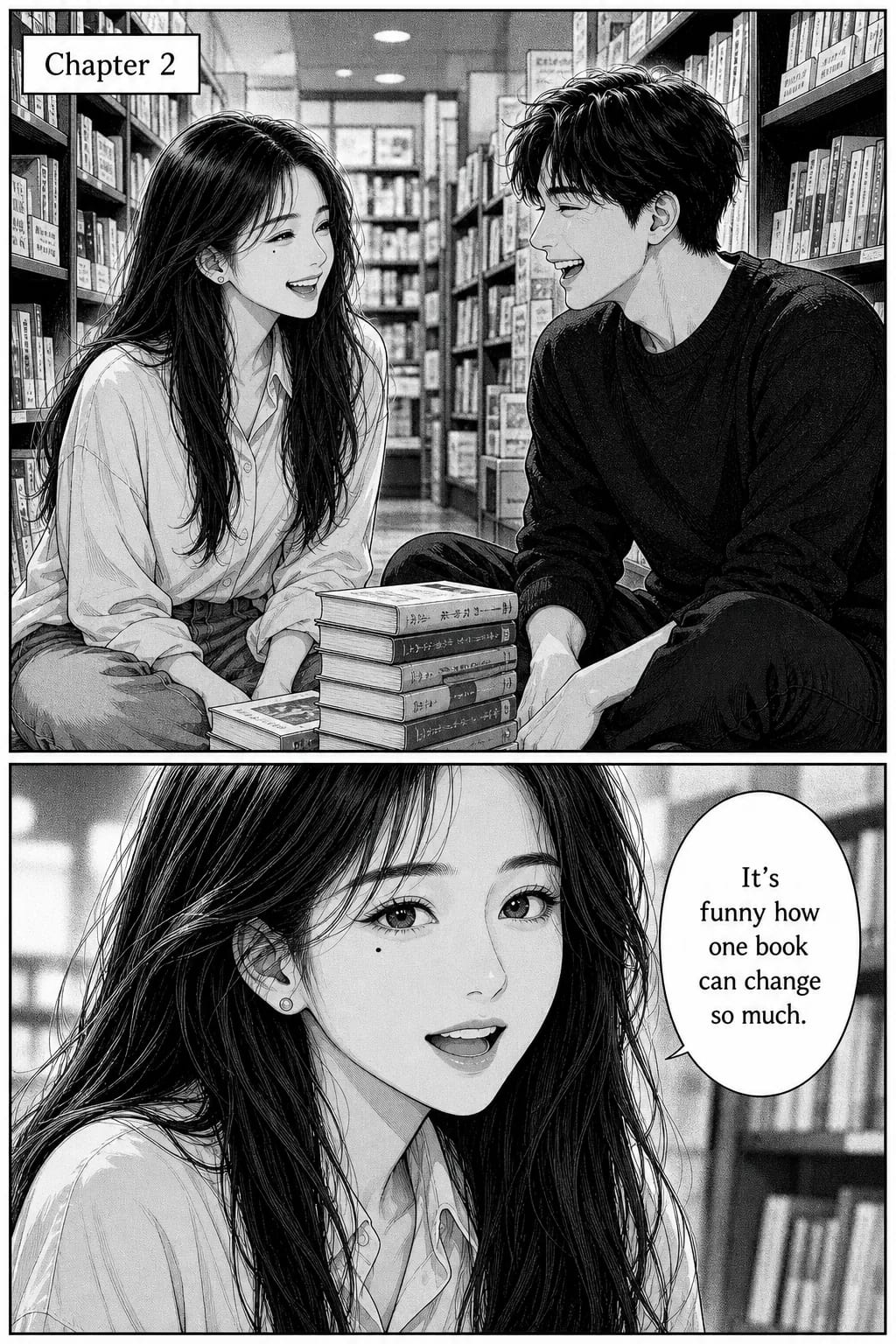 Two-panel black-and-white manga page headed 'Chapter 2': the same woman and the same bookshop clerk sit on the floor between shelves, laughing over a stack of books
