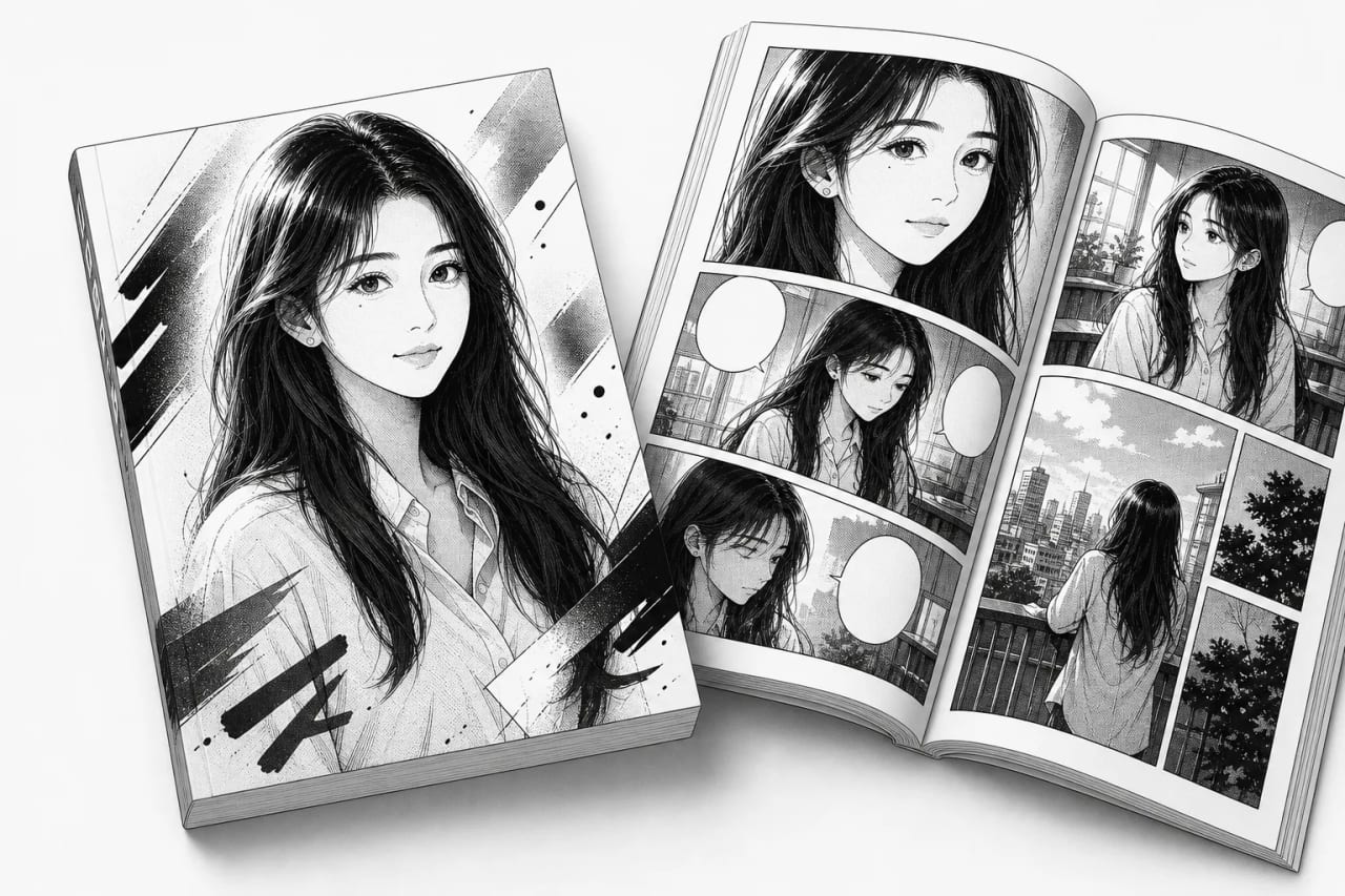 A printed paperback manga volume lying closed beside a second copy lying open, showing a black-and-white panel spread inside