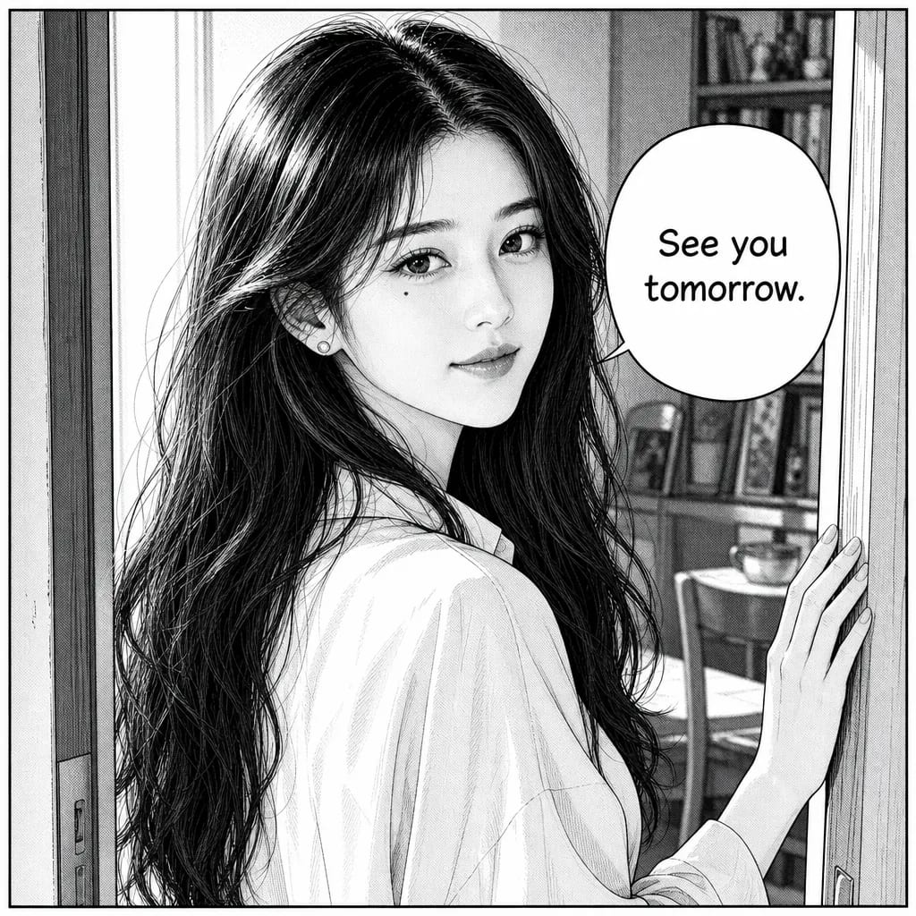 Black-and-white manga panel of a woman pausing in a doorway, her speech bubble lettered in English reading 'See you tomorrow.'