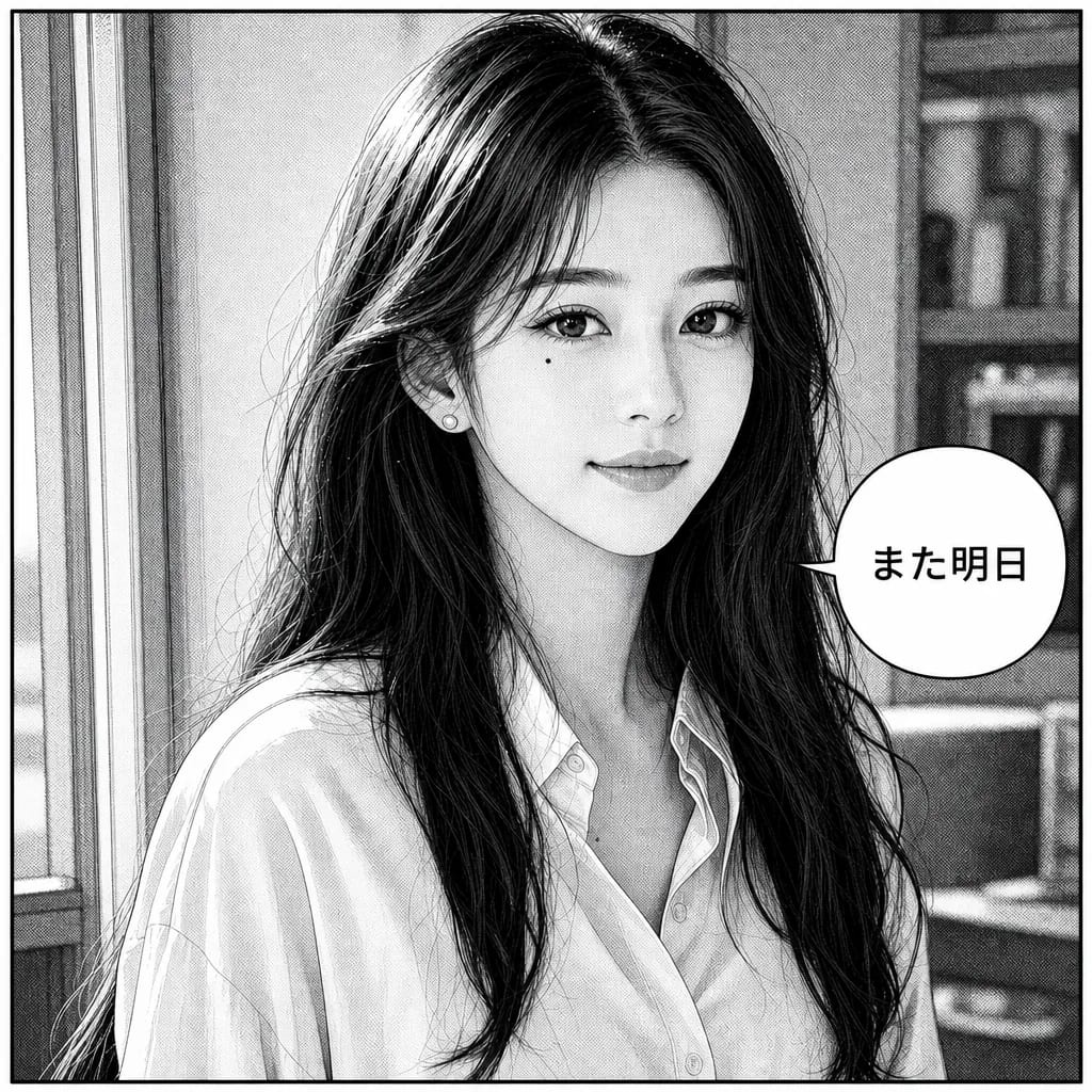 The same character in a black-and-white manga panel, her speech bubble lettered in Japanese reading また明日