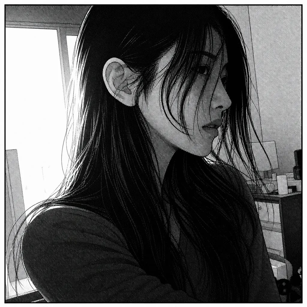 Black-and-white manga portrait drawn from that photograph: generic manga features with no distinguishing marks and vague undefined hair