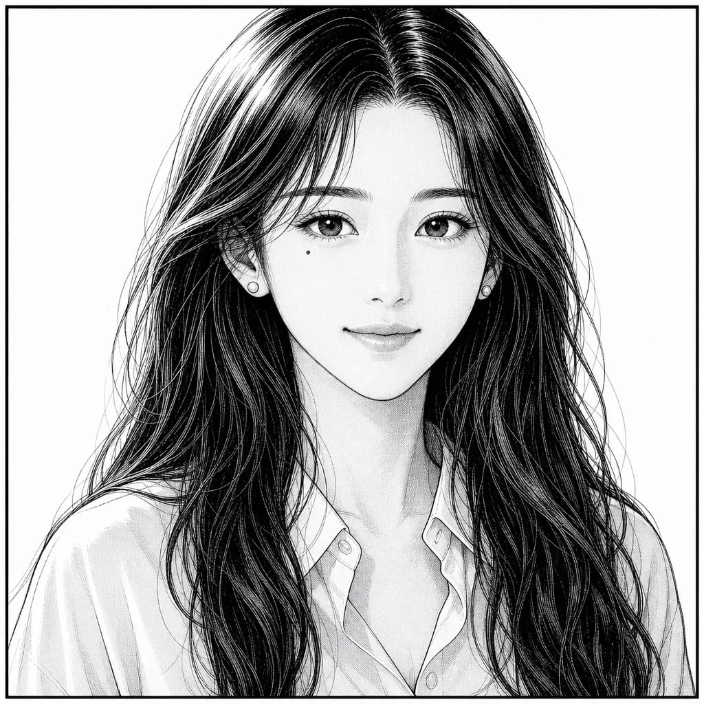 Black-and-white manga portrait drawn from that photograph: sharp individual features, the small mole below her left eye clearly rendered, hair in defined inked strands