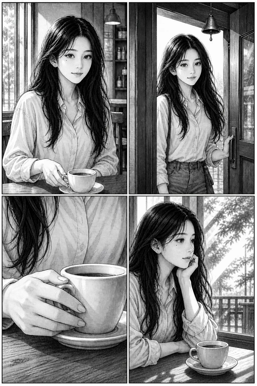 The same four-panel manga page after regenerating only the third panel: the rain is now sunshine with hard diagonal shadows, while the other three panels are unchanged