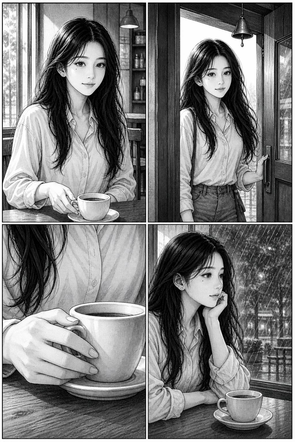 Four-panel black-and-white manga page: a woman enters a café, sits at a window table, looks out at the rain with her chin on her hand, and a close-up of her hand around a cup