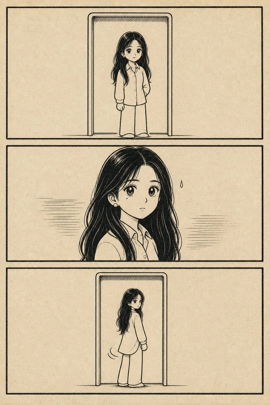 Three-panel manga page in mid-century Tezuka style on cream newsprint: flat cartoon staging of a figure in a doorway, a medium shot with round wide-set eyes and a button nose, and a wide shot of her turning away