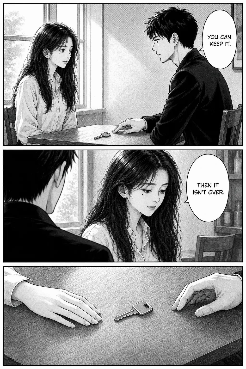 Three-panel black-and-white manga page: a man pushing a key across a cafe table toward a woman by the window, an over-the-shoulder close-up of her looking down at it, and her hand resting flat beside the key without taking it