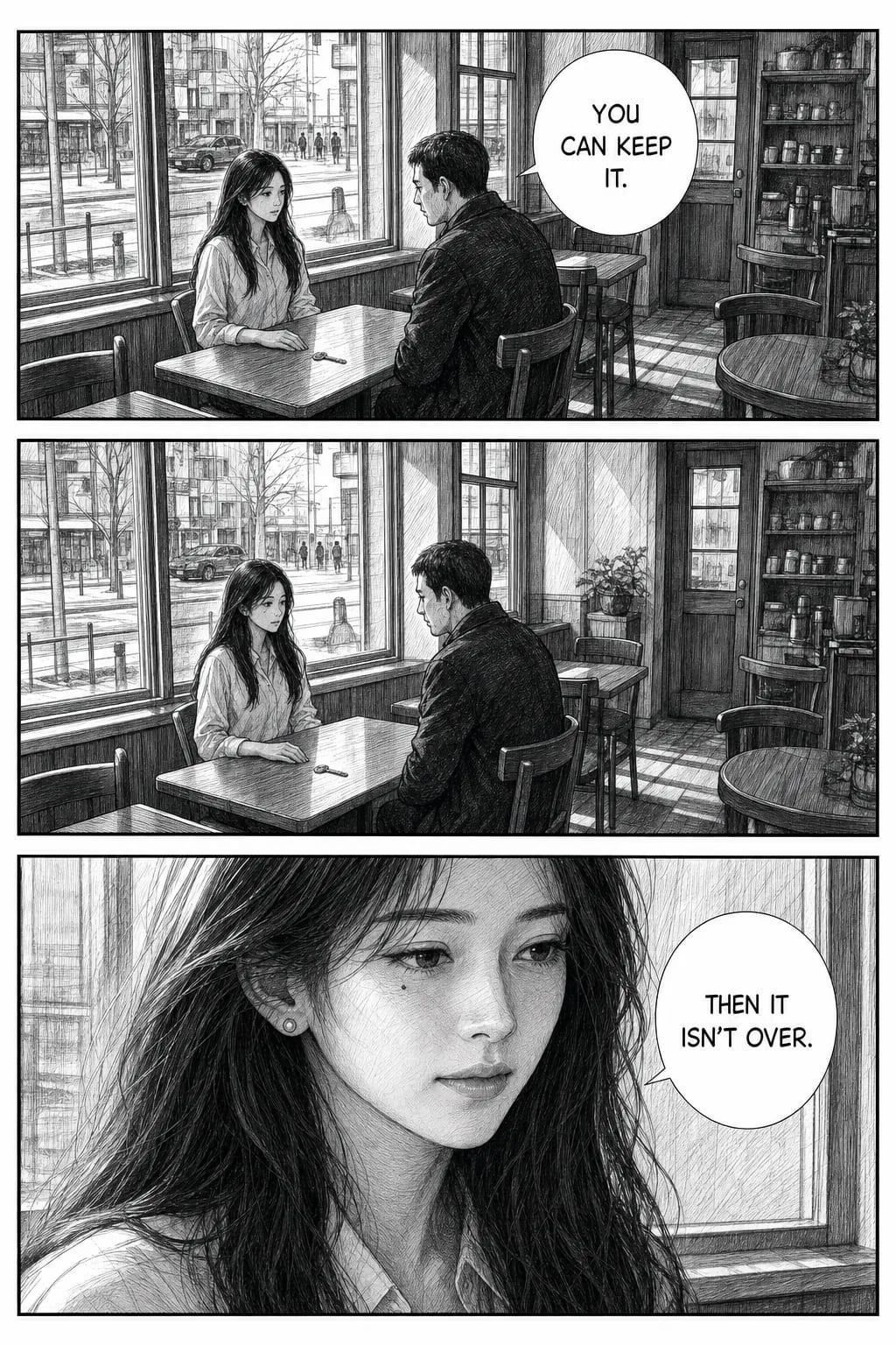 Three-panel black-and-white seinen manga page: a wide letterbox of a cafe interior in full perspective with the pair small within it, the identical framing repeated with only his hand withdrawn, and a cross-hatched close-up of her face lit from the window