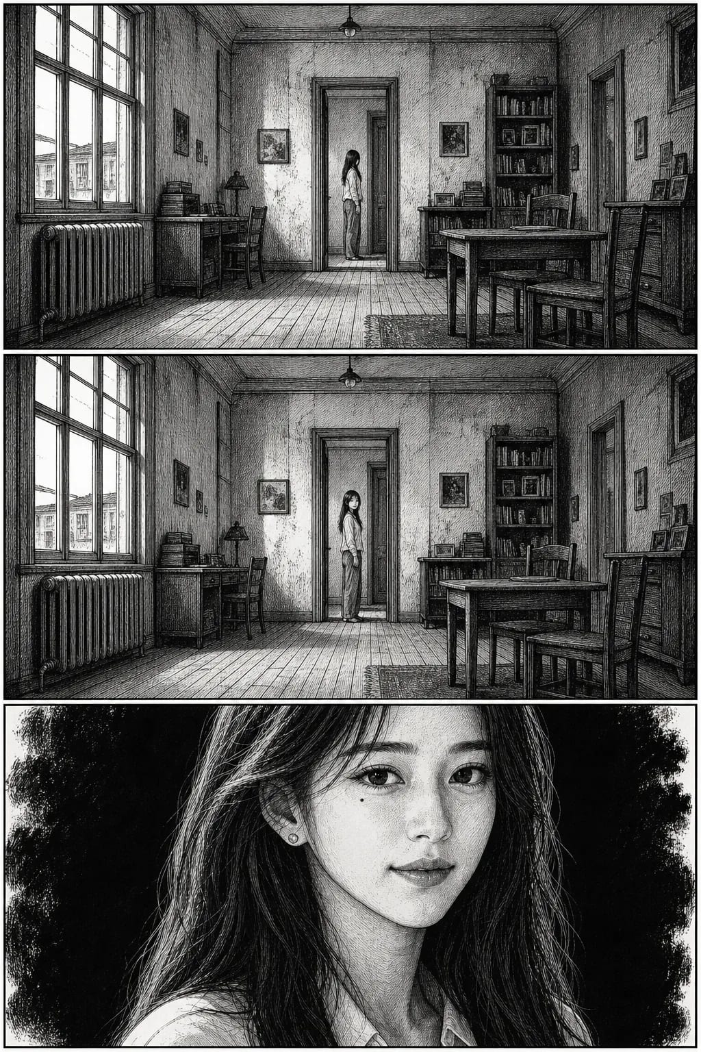 Three-panel black-and-white manga page in seinen style: a wide letterbox of a room in full perspective, the identical framing repeated in silence, and a crosshatched close-up against solid black