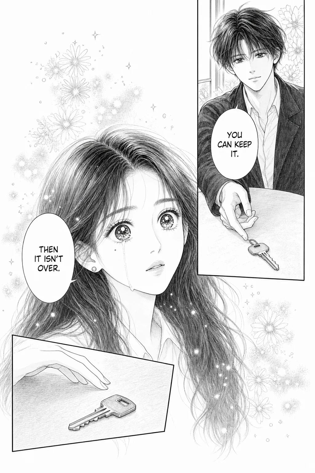 Three-panel black-and-white shojo manga page: a bordered panel of a man pushing a key across the table, a large borderless close-up of the woman with a single tear and star-highlight eyes among flower screentone, and a tilted inset of her fingertips stopping short of the key