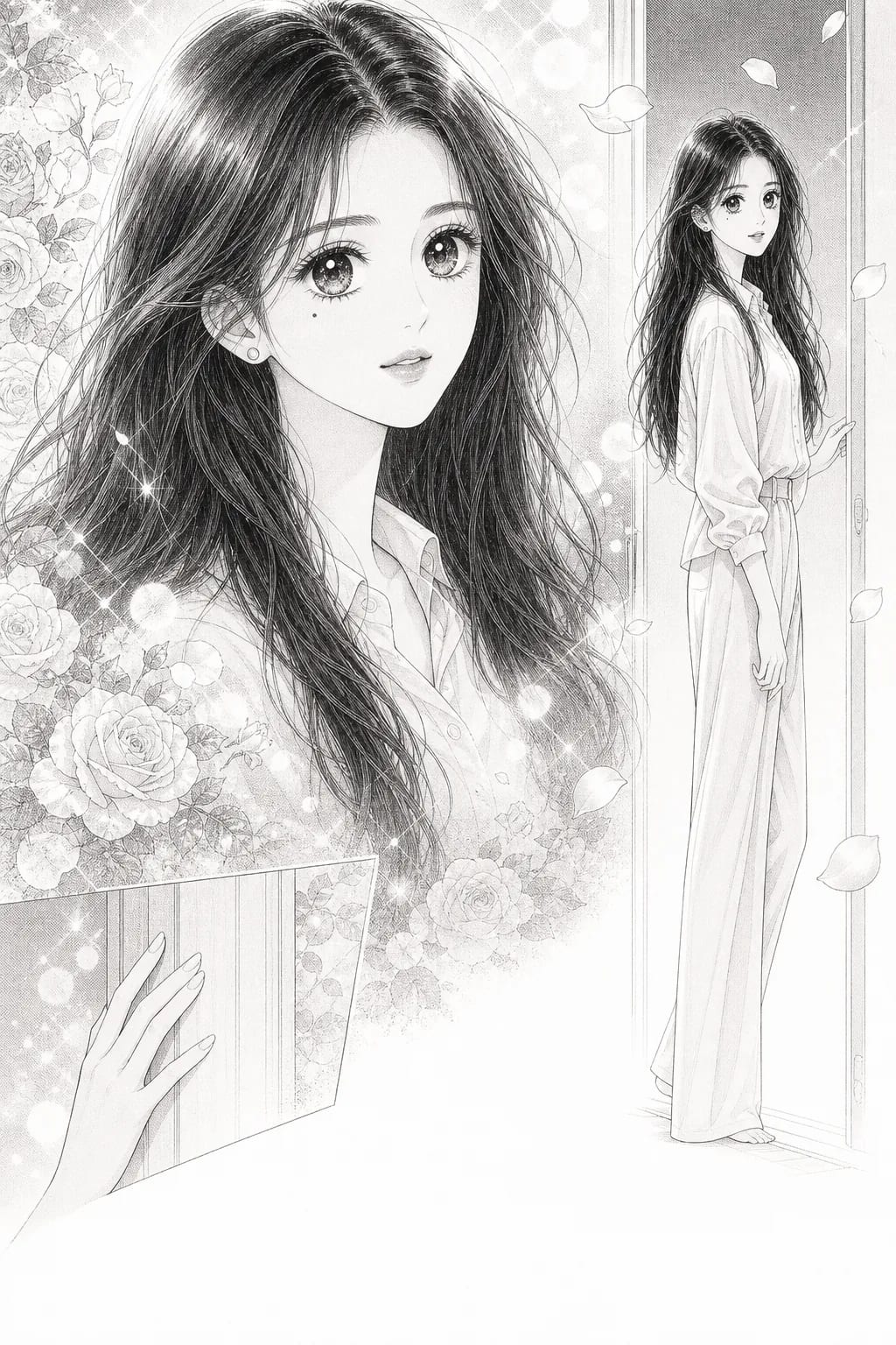 Three-panel black-and-white manga page in shojo style: a tall narrow panel of a figure in a doorway, a borderless portrait over a field of roses in screentone, and a small tilted inset of a hand on the frame