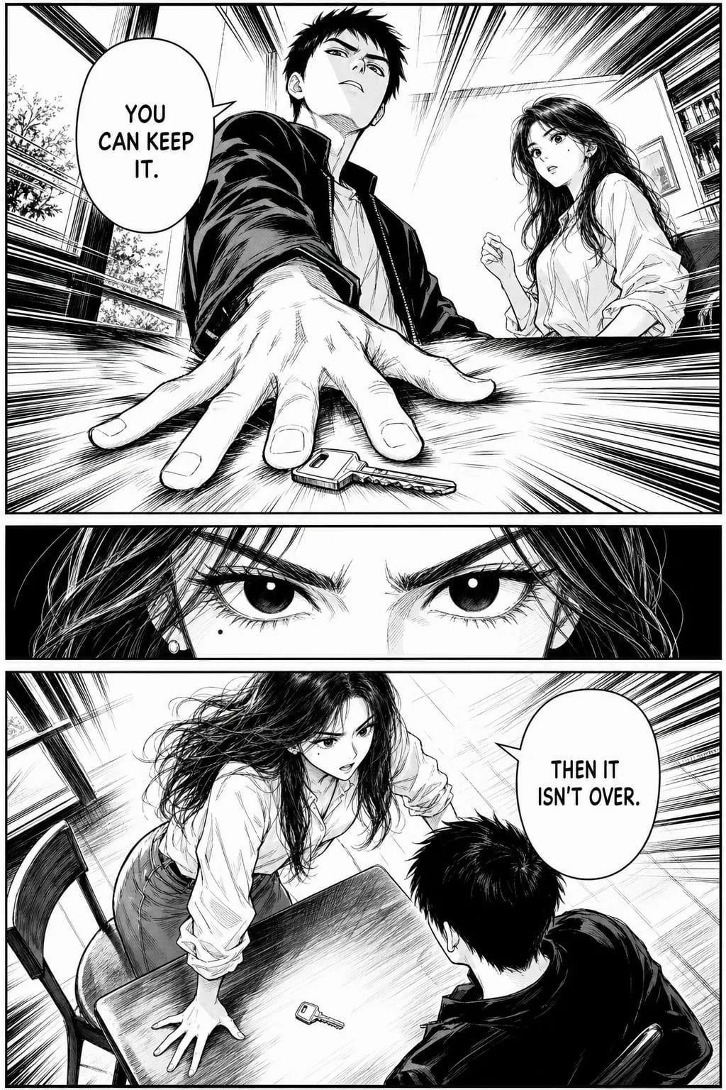 Three-panel black-and-white shonen manga page: a low angle of a hand slamming a key onto a cafe table with impact lines radiating out, a narrow band of furious eyes against solid black, and a high angle of the woman on her feet leaning across the table