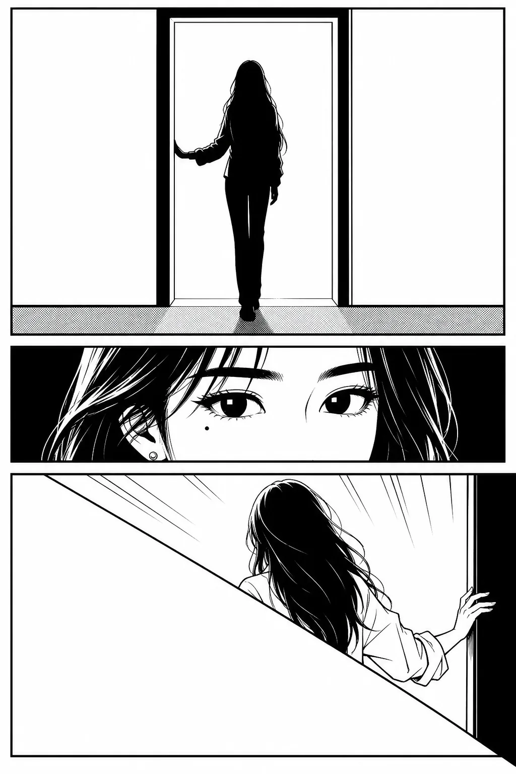 Three-panel black-and-white manga page in shonen style: a figure silhouetted in a doorway, an extreme close-up of angular eyes against solid black, and a diagonal panel of her stepping away