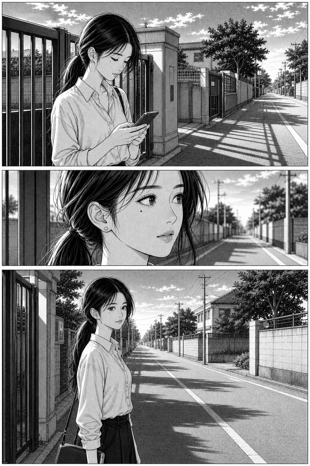 Three black-and-white manga panels of a woman waiting at a school gate, shading built from screentone dot patterns