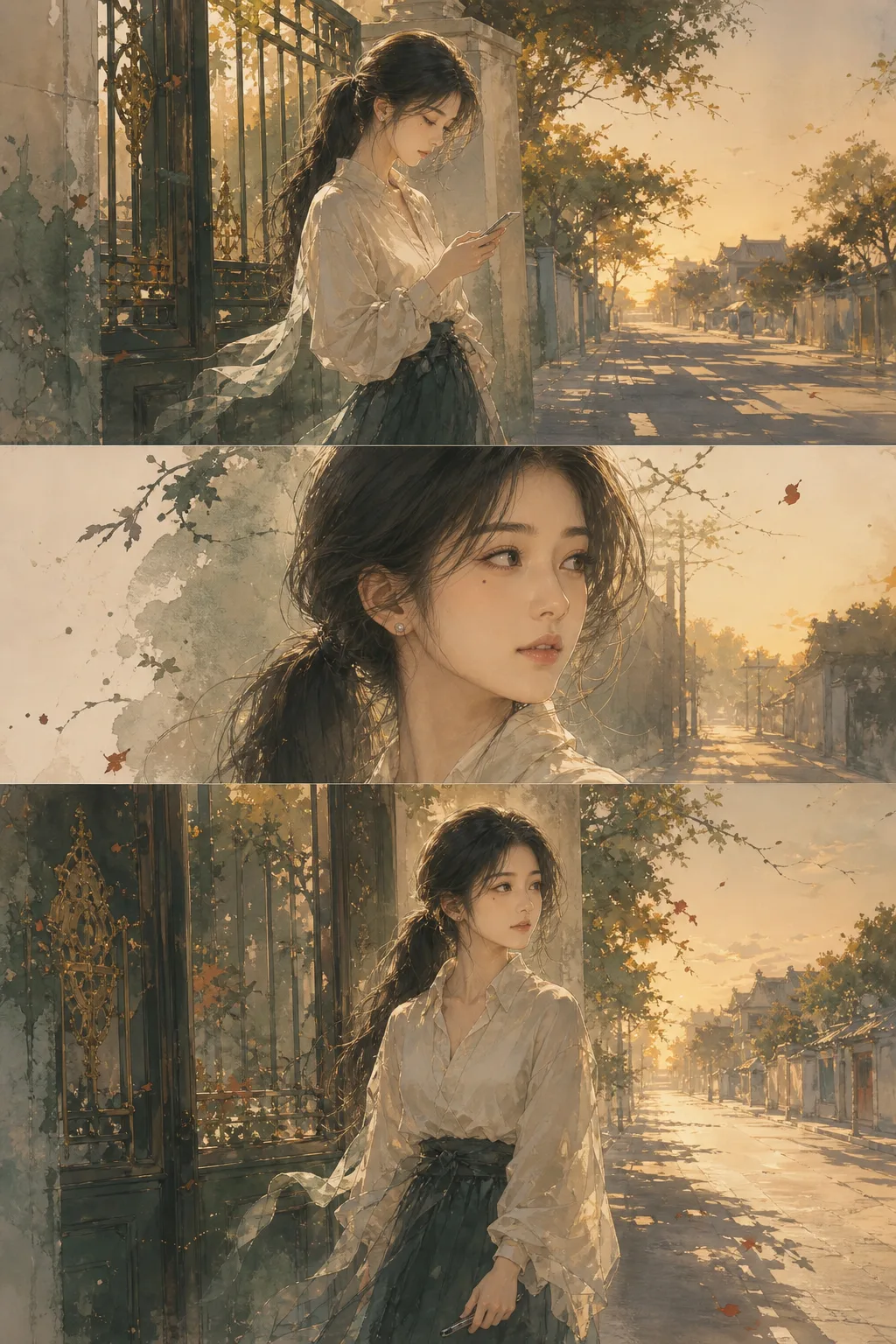 The same three panels as flowing ink-wash painting in warm golds and jade greens, edges dissolving into mist