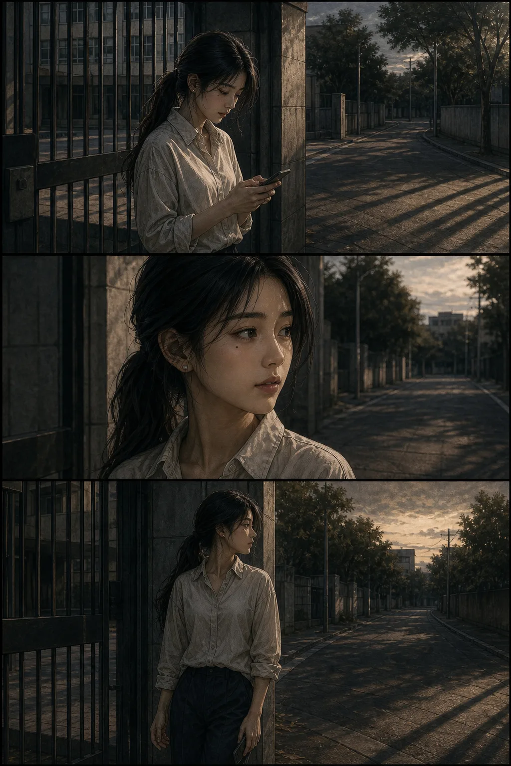 The same three panels in muted full colour, painted with heavy shadow and realistic adult facial proportions