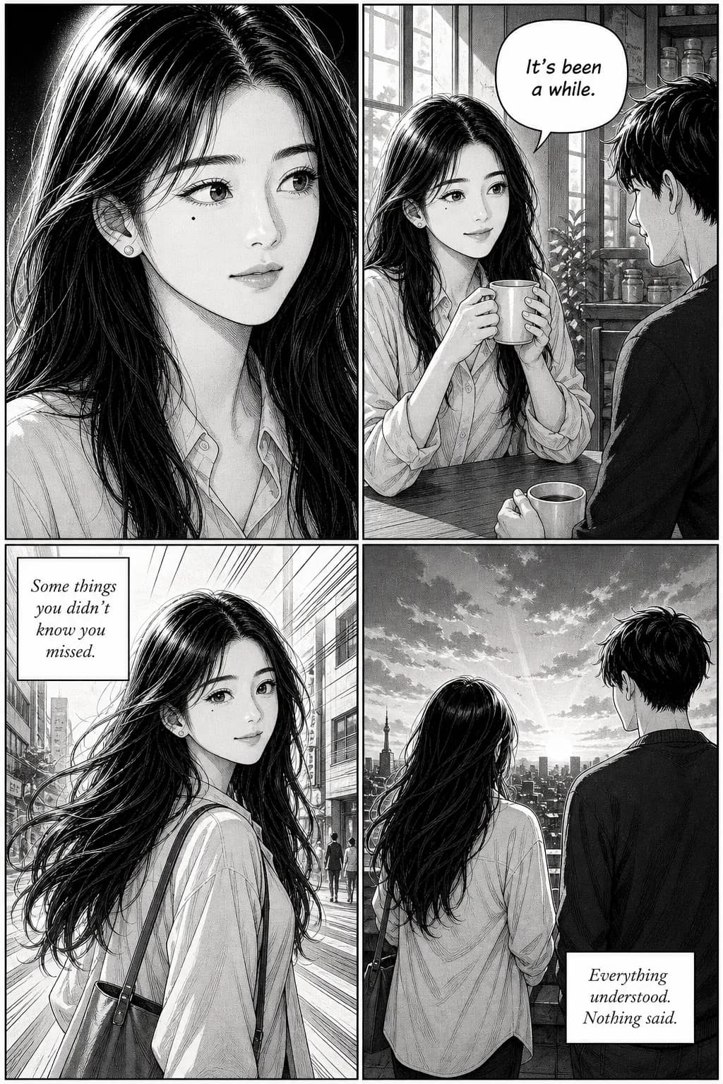 Four manga panels drawn from that photograph: the same woman with the same mole, a speech balloon reading “It’s been a while.” and two caption boxes