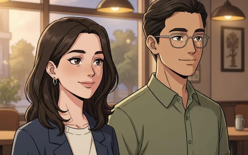 Two characters together in one comic panel — Mina and Ren, generated from separate reference photos, appearing together with both identities preserved