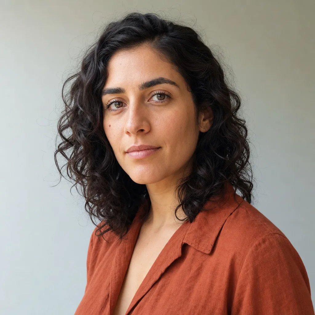 Photograph of a woman in her thirties with dark curly hair and a rust linen shirt, against a plain grey wall — the source image for the painting beside it.