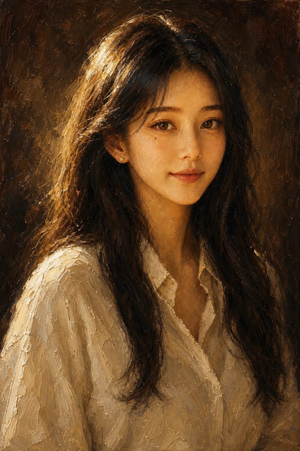 Same portrait converted to classical oil painting — thick impasto brushwork with warm Naples yellow palette and chiaroscuro lighting.