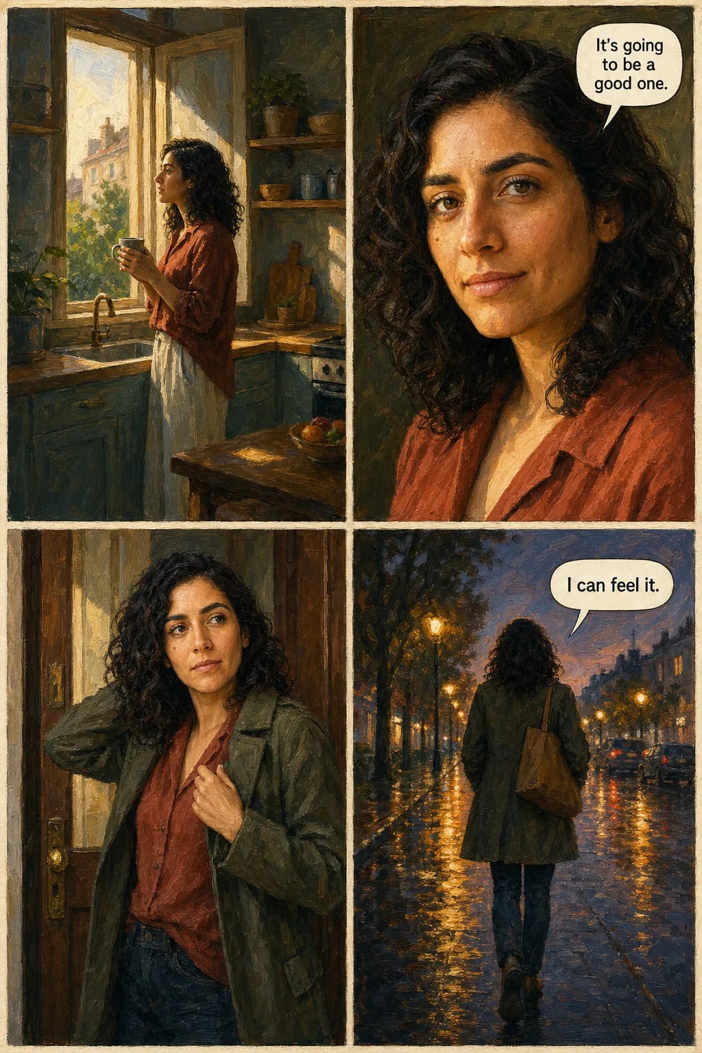A four-panel comic page painted in oil from the photograph in the hero: the same woman at a kitchen window with a mug, a close view of her half-smiling, pulling on a coat by the door, then walking away down a wet street at dusk. Two speech bubbles read 'It's going to be a good one.' and 'I can feel it.'