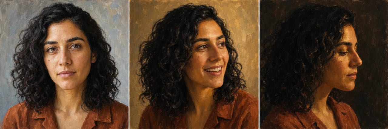 Three oil portrait panels of the same woman side by side — facing forward in cool north light, laughing in three-quarter view under warm lamplight, and in profile in deep evening shadow. The same curly dark hair, eyebrows and small mole on her left cheek in all three.