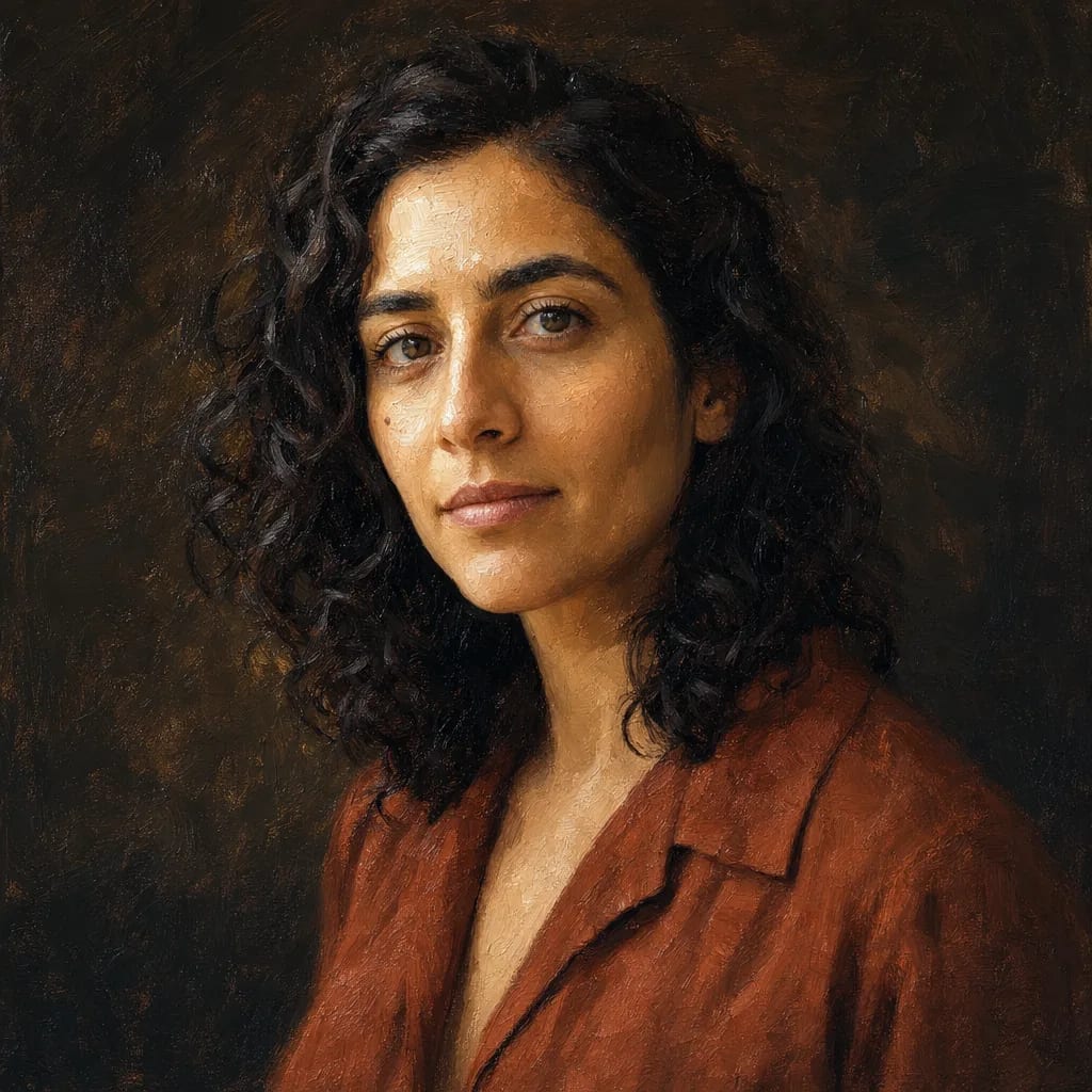 The same woman painted in oil — her face modelled in planes of light and shadow with visible brushwork, against a dark warm background.