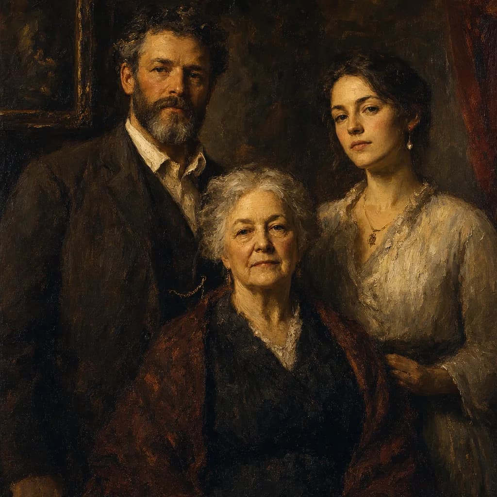 An oil group portrait of three generations of a family, lit from one side so each face sits at a different brightness and the figures separate by tone.