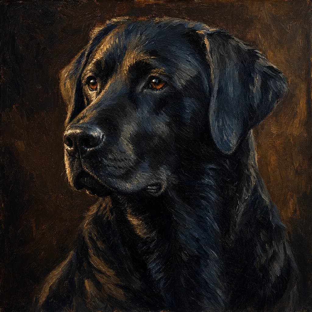 An oil painting of a black Labrador, the impasto ridges following the lie of the coat and the blacks modelled in blue and umber rather than flat black.