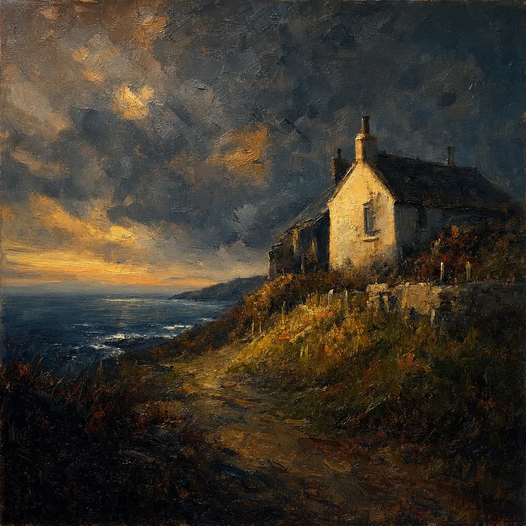An oil painting of a coastal house on a headland under a heavy evening sky, thick directional strokes in the cloud and the roofline dissolving on the shadow side.