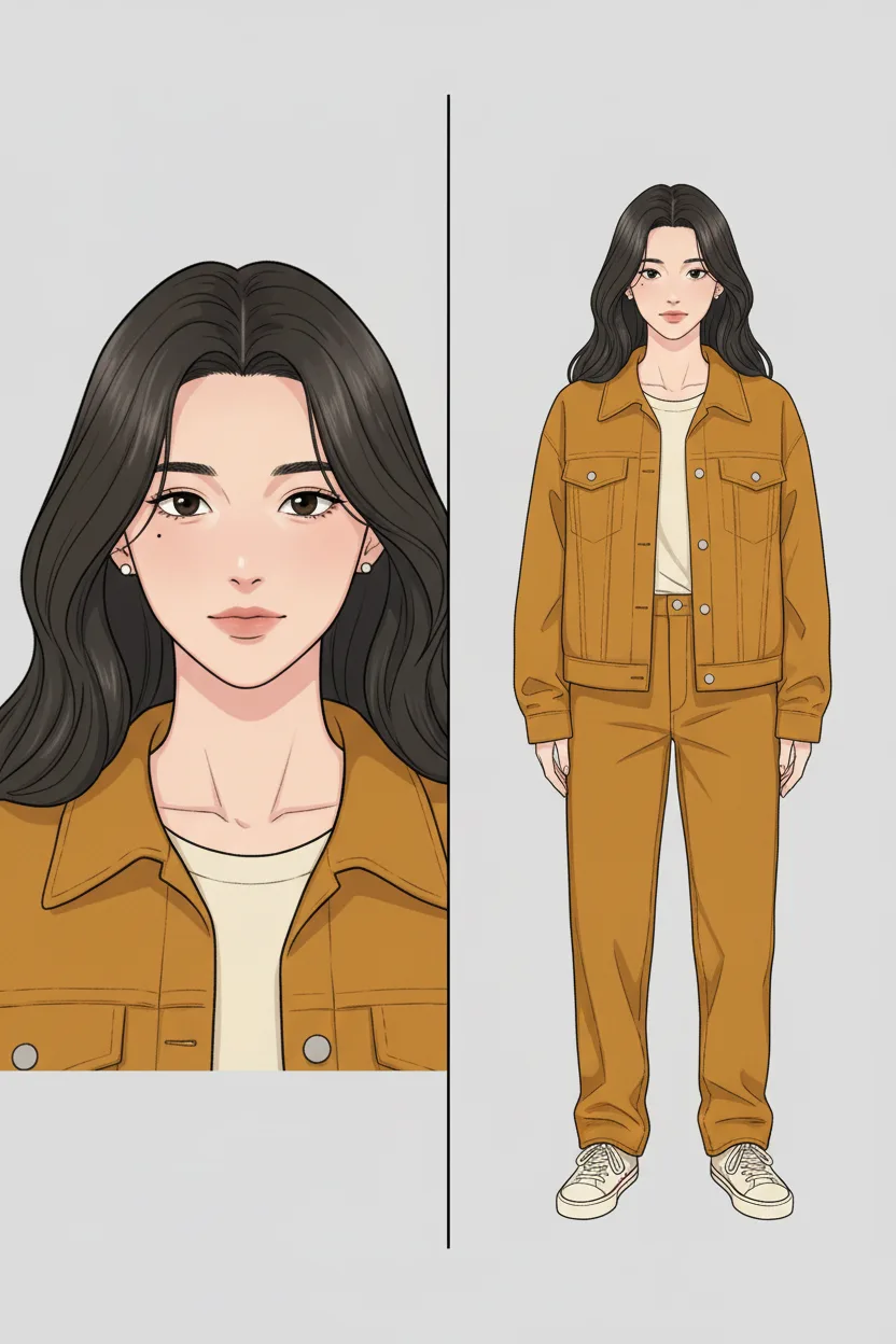 A real TaleAtelier reference sheet: one image split into two panels. Left, a close-up of a young woman’s face with long dark hair, a beauty mark below her left eye and pearl stud earrings. Right, the same woman head to toe in an ochre jacket, matching trousers, cream t-shirt and white sneakers, standing in a neutral pose on a plain grey background.